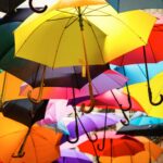 Vibrant display of colorful umbrellas suspended outdoors, creating a lively atmosphere.