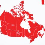 A red map of Canada with flag accents and decorative clothespins on a white background.